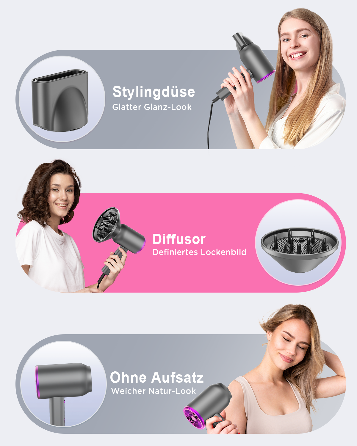 High-Speed Ionic Hair Dryer 1800W - 40,000 RPM, Lightweight 480g with 360° Styling Nozzle & Diffuser, 3 Heat & 2 Speed Settings for Fast Drying