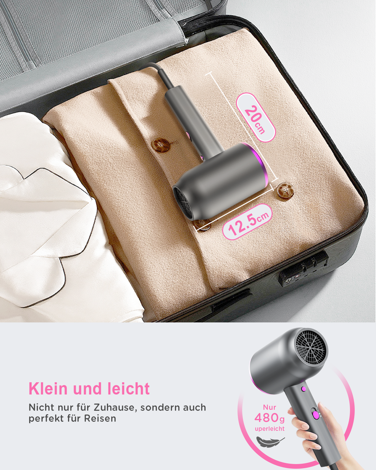 High-Speed Ionic Hair Dryer 1800W - 40,000 RPM, Lightweight 480g with 360° Styling Nozzle & Diffuser, 3 Heat & 2 Speed Settings for Fast Drying
