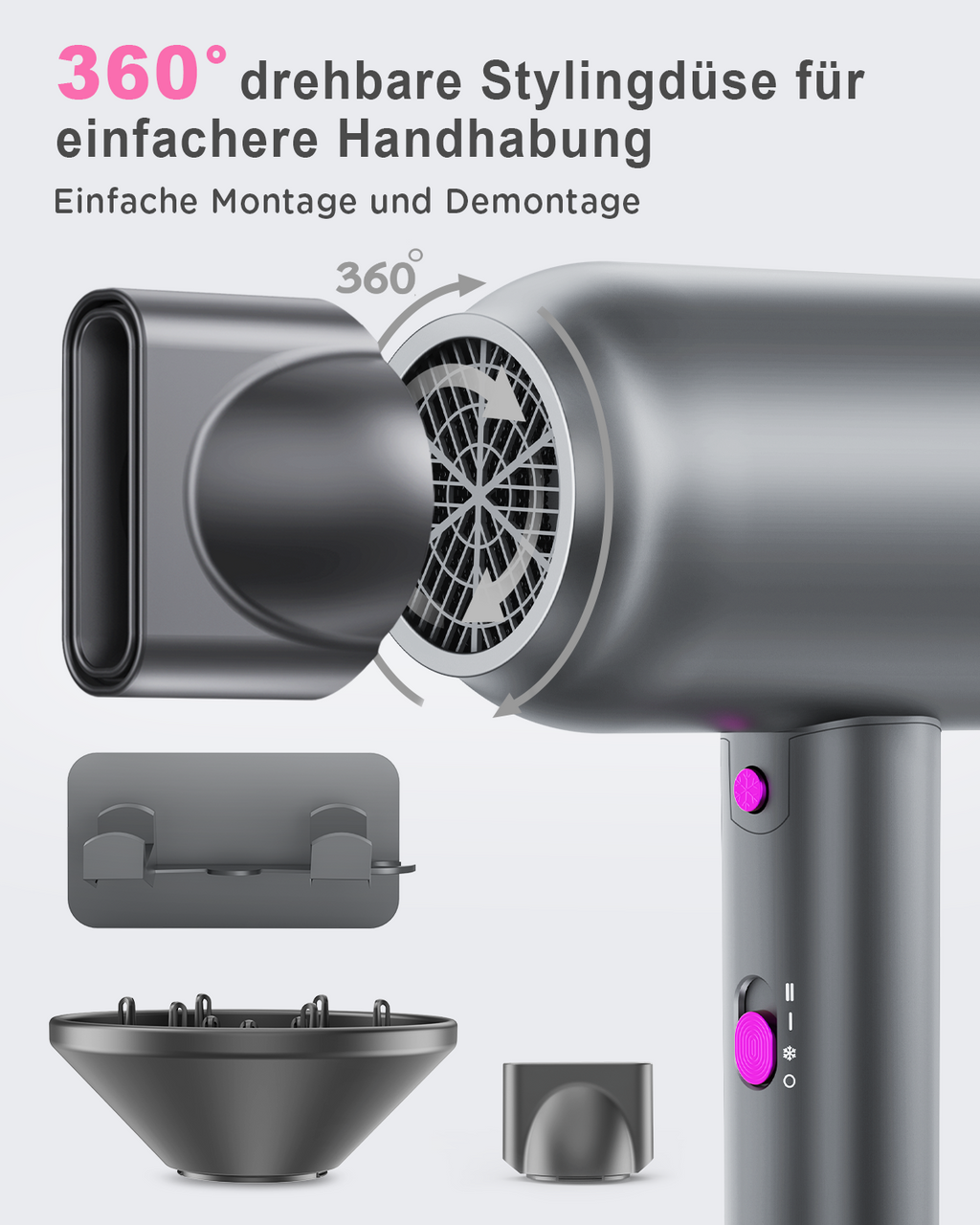 High-Speed Ionic Hair Dryer 1800W - 40,000 RPM, Lightweight 480g with 360° Styling Nozzle & Diffuser, 3 Heat & 2 Speed Settings for Fast Drying