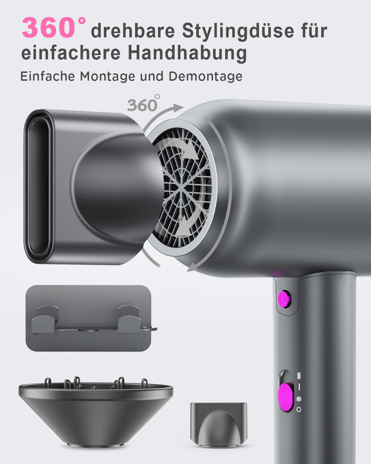High-Speed Ionic Hair Dryer 1800W - 40,000 RPM, Lightweight 480g with 360° Styling Nozzle & Diffuser, 3 Heat & 2 Speed Settings for Fast Drying